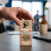 Businessman placing wooden blocks with vulnerability scan and penetration testing on office table The Security Gap Between Vulnerability Scans and Real Penetration Testing